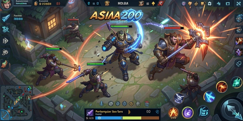 Screenshot utama menunjukkan aksi pertarungan seru dalam game MOBA ASIA200.