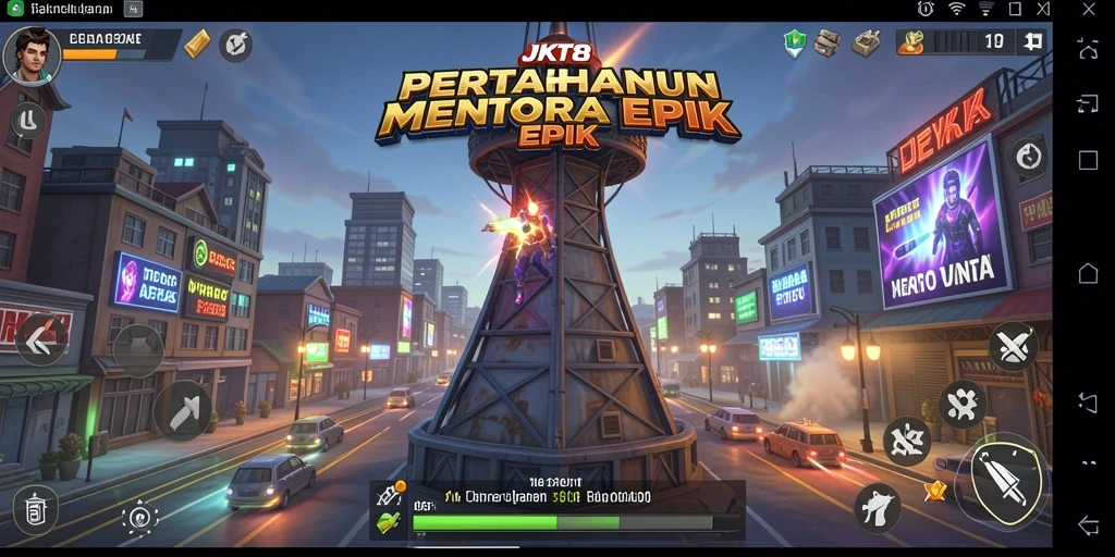 Tangkapan layar utama JKT8 menunjukkan aksi seru dalam gameplay Tower Defense.