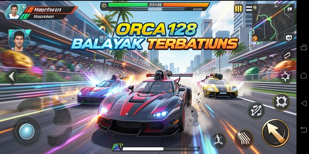 Tangkapan layar gameplay ORCA128 menampilkan balapan yang mendebarkan di trek yang menarik.