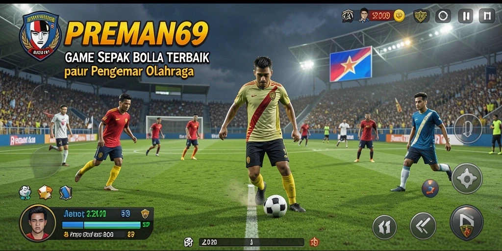 Tangkapan layar permainan PREMAN69 menampilkan aksi mendebarkan di lapangan sepak bola.
