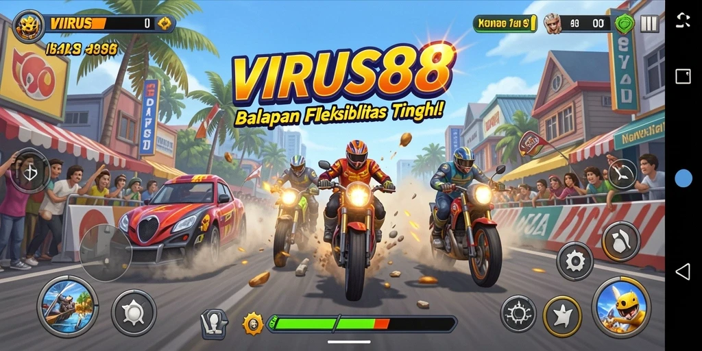 Tangkapan layar menampilkan momen seru balapan di VIRUS88.